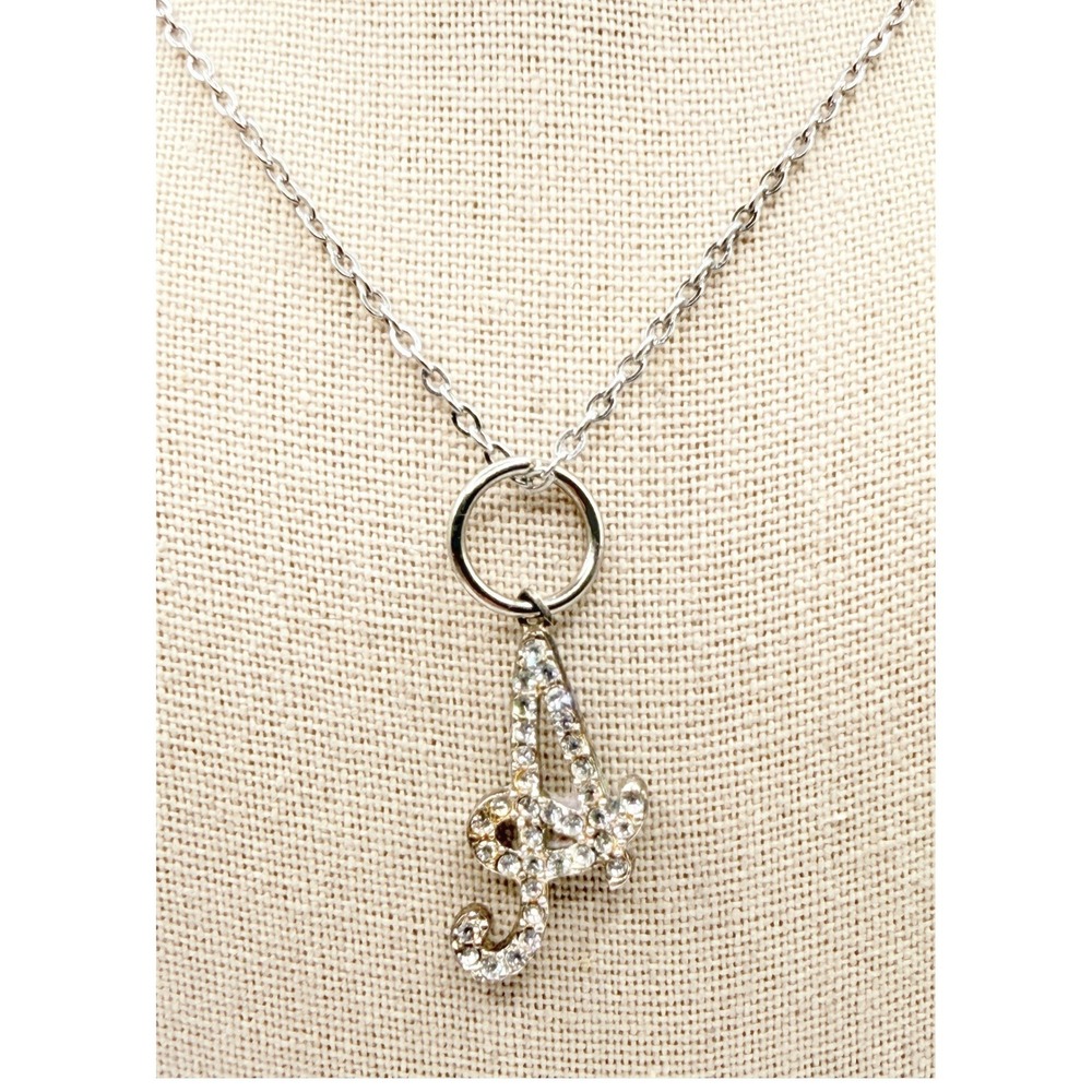 Vintage Rhinestone Script Initial A Pendant Necklace Silver Tone Glass 20"